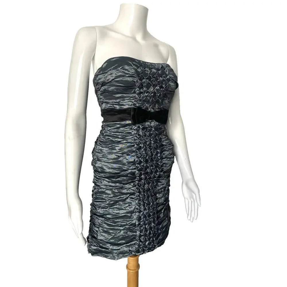 NWT $398 BCBG Max Azria Metallic Gray Strapless Rushed Bow Dress Size 0 XS